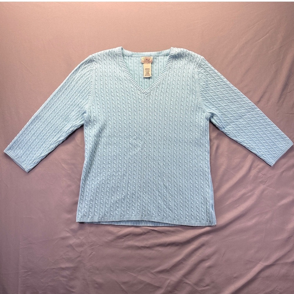 LL Bean Womens Cable Knit Sweater Light Blue‎ V-Neck 3/4 Sleeve Pullover Medium